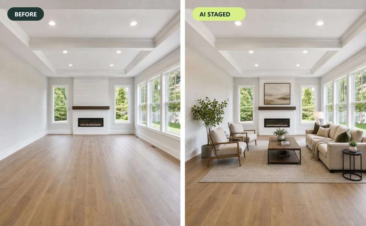 Before and after example: empty living room staged by AI with preserved windows, fireplace and flooring