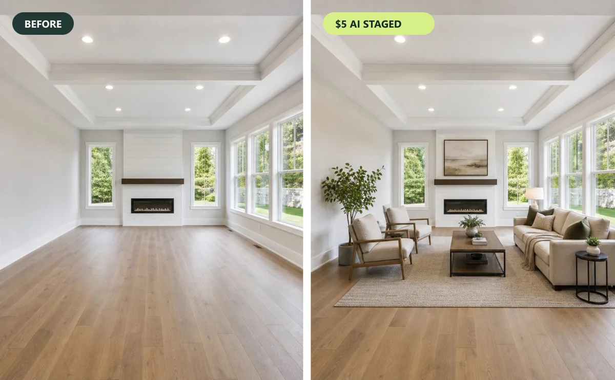 Before and after: an empty living room and the same room virtually staged for $5