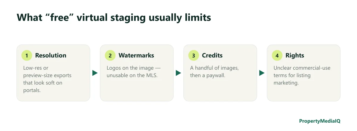 Diagram of what free virtual staging usually limits: resolution, watermarks, credits, usage rights