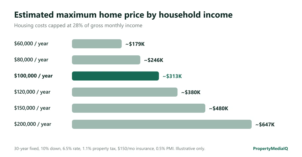 Bar chart of estimated maximum home price by household income at a 28% housing ratio: $60,000 income about $179K, $80,000 about $246K, $100,000 about $313K, $120,000 about $380K, $150,000 about $480K, $200,000 about $647K