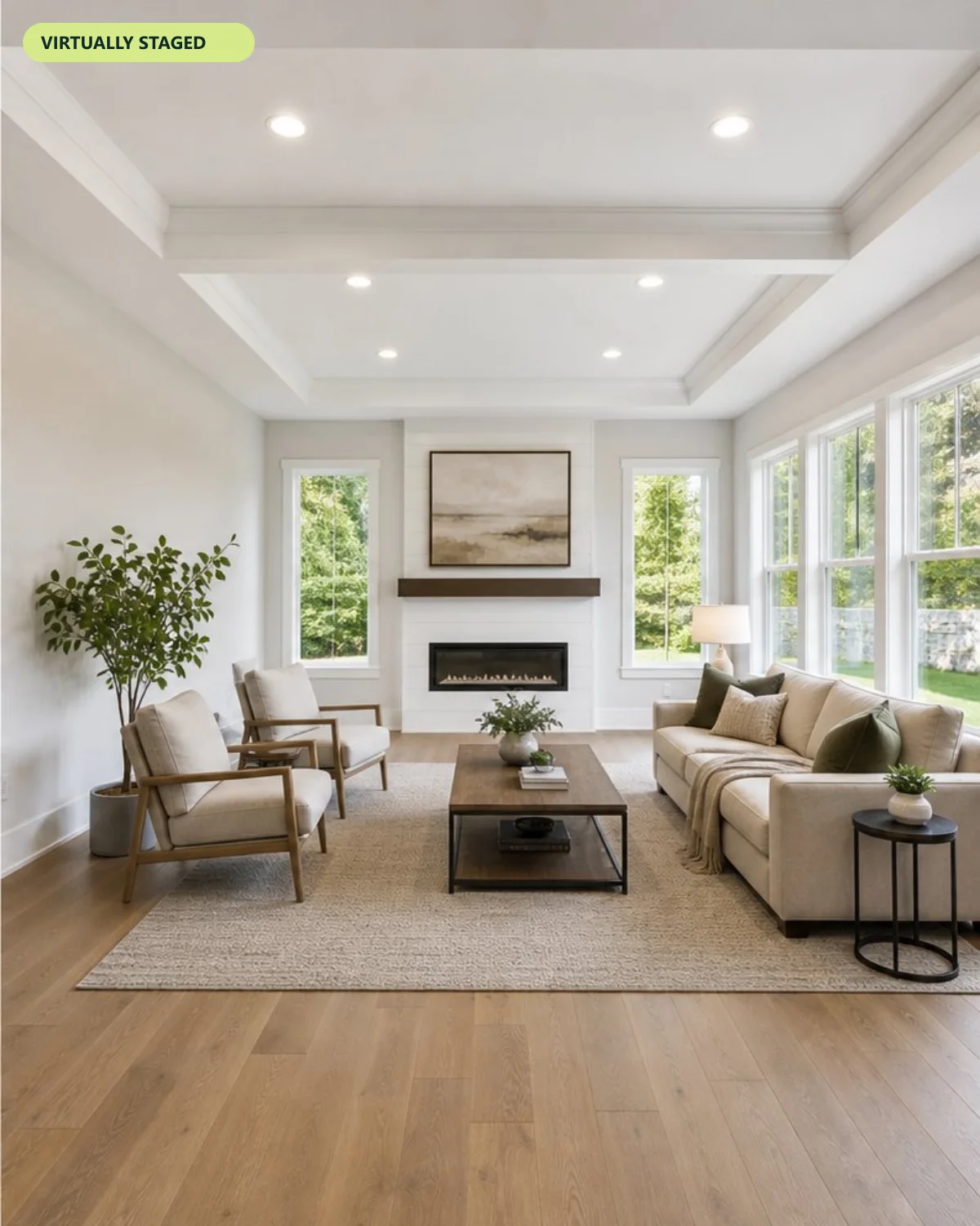 The same living room after AI virtual staging, with sofa, chairs, rug, coffee table and art; architecture unchanged