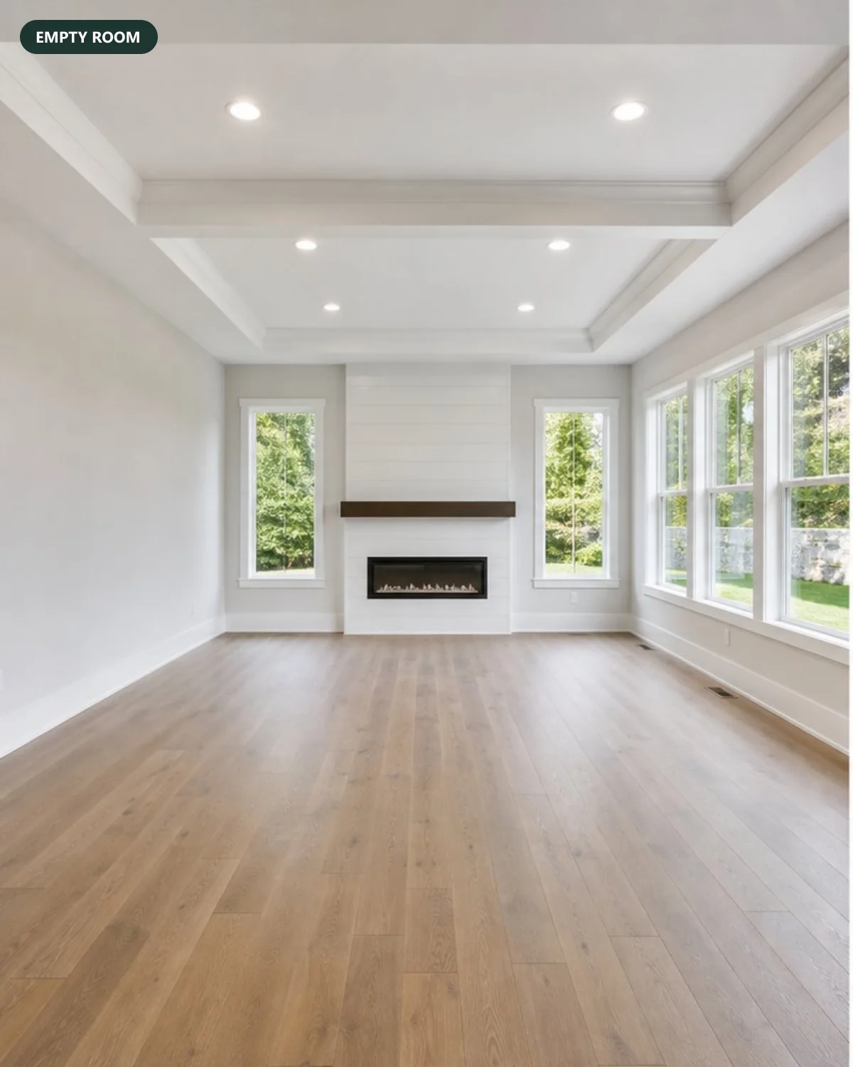 Empty living room photo ready for virtual staging: wide angle, level, bright, floor visible