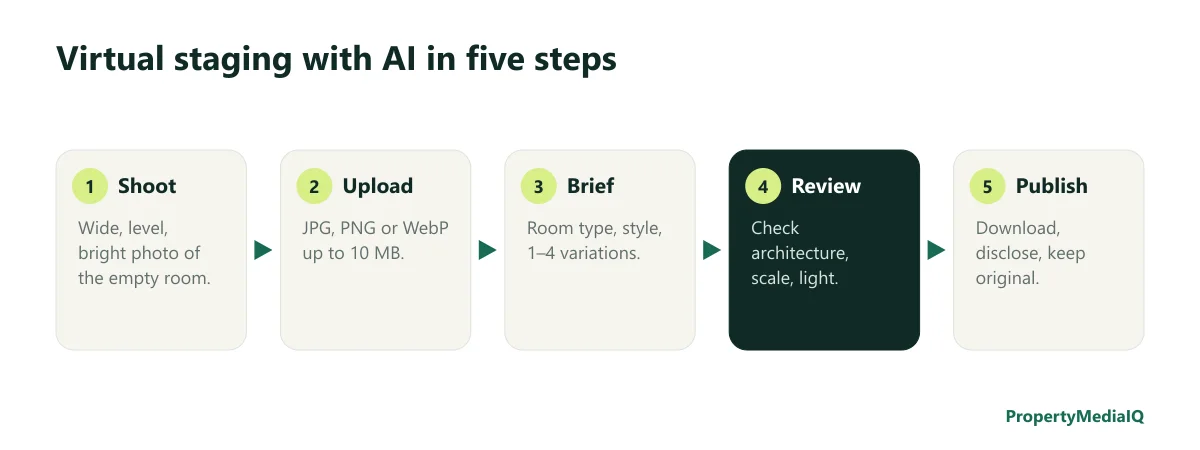 Five steps of AI virtual staging: shoot, upload, brief, review, publish