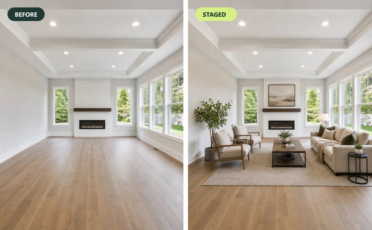 Before and after: empty living room and the same room virtually staged