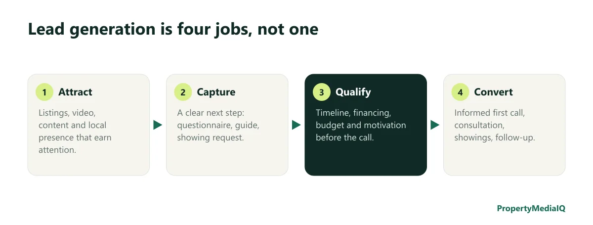 Four stages of lead generation: attract, capture, qualify, convert