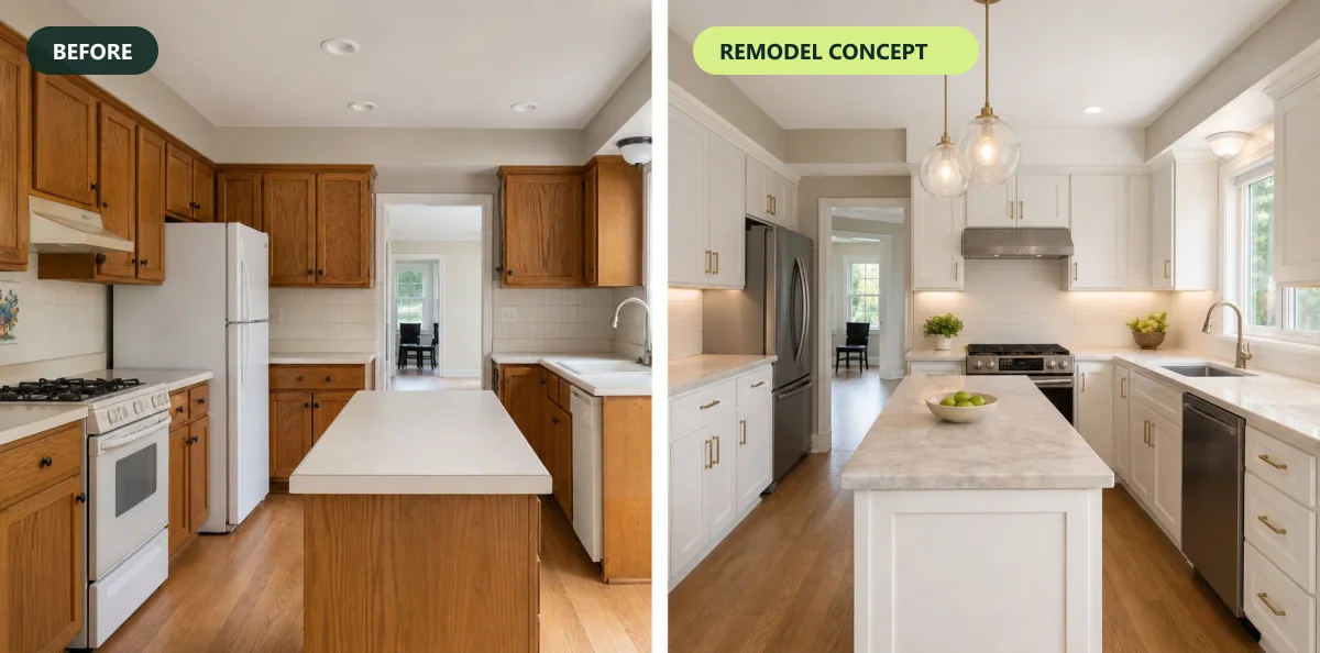 Before and after kitchen remodel concept: dated cabinets and counters on the left, updated cabinets, counters and finishes on the right, same layout and windows