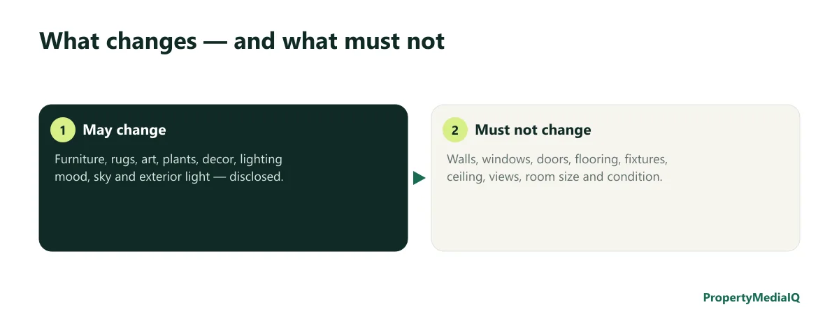 Two-panel diagram: may change — furniture, rugs, art, plants, decor, lighting mood, sky; must not change — walls, windows, doors, flooring, fixtures, ceiling, views, room size and condition