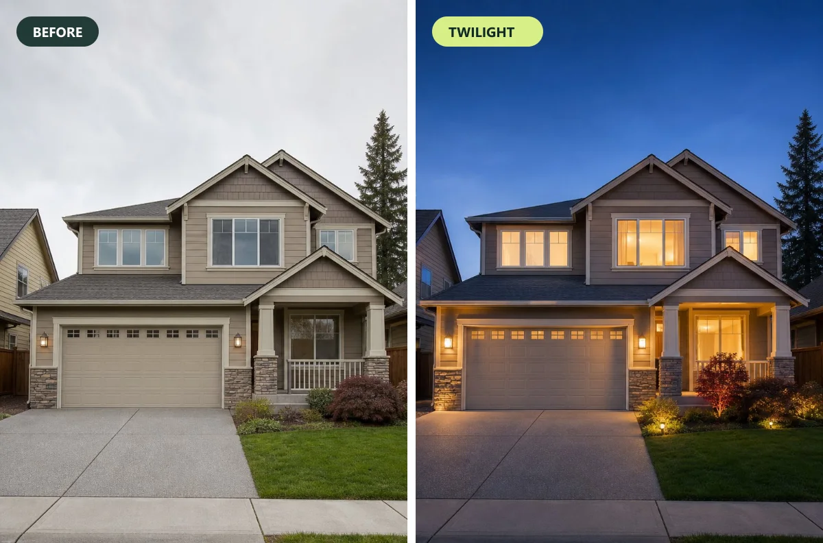 Before and after twilight conversion: daytime exterior of a house on the left, the same house at dusk with warm window light and a deep blue sky on the right